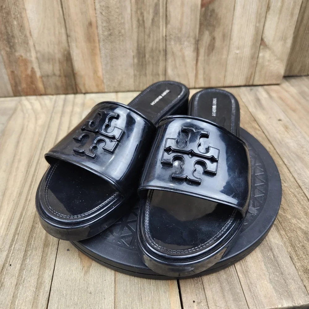 Tory Burch Eleanor Jelly Slide Sandals Womens size 8 Black Logo Platform